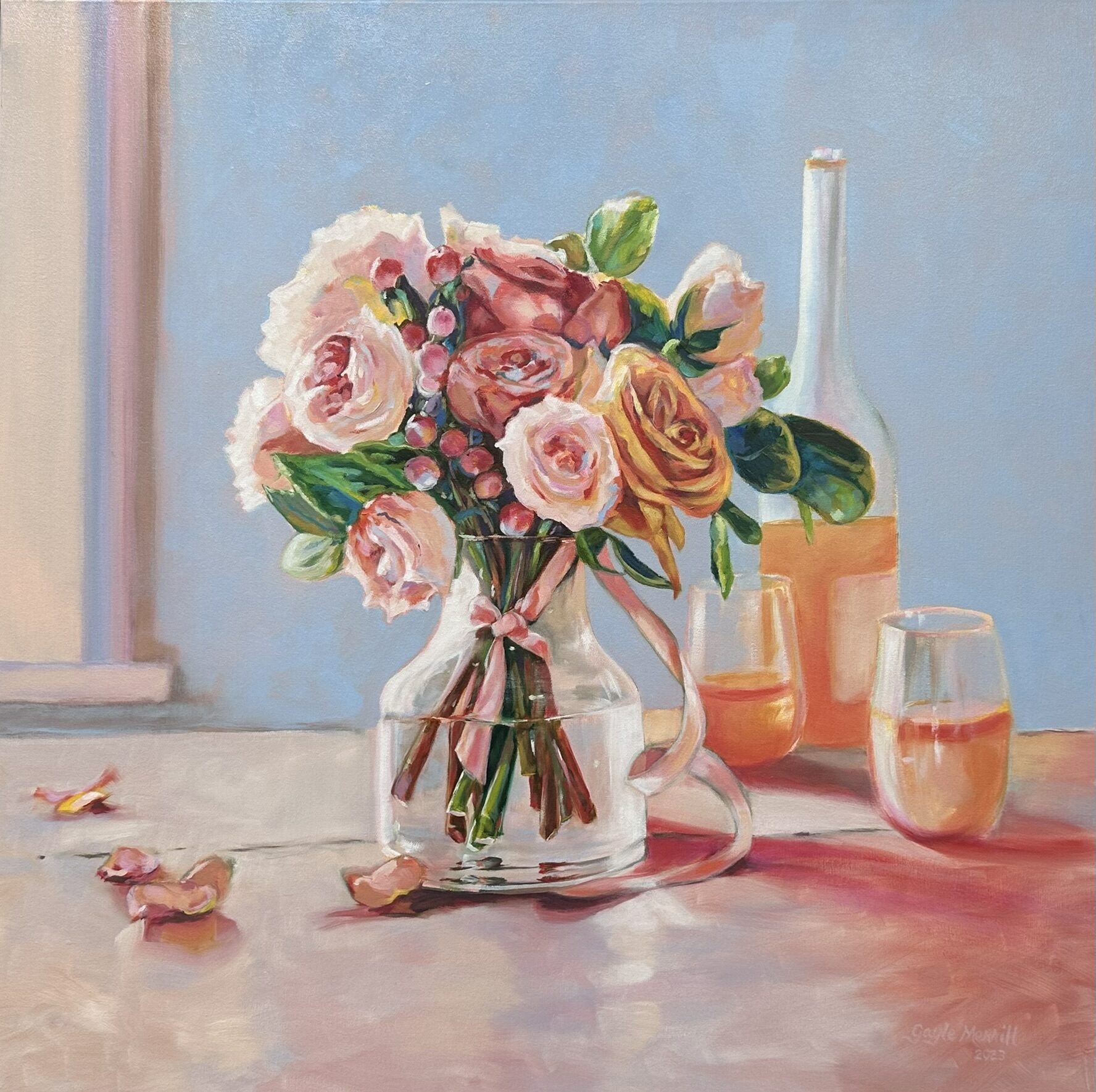 Roses and Ribbons, oil painting by Gayle Merrill