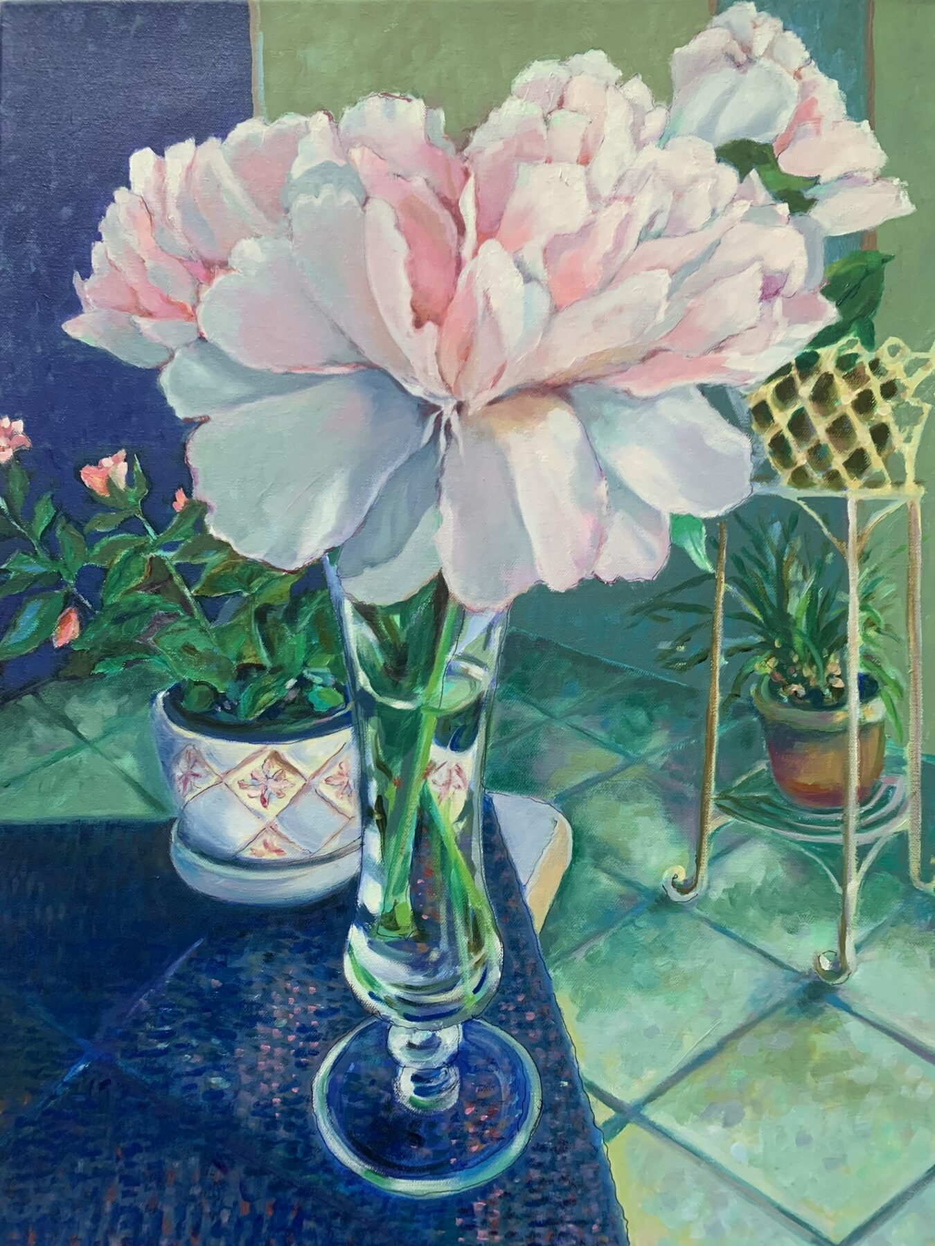 Peonies with Blue, oil painting by Gayle Merrill