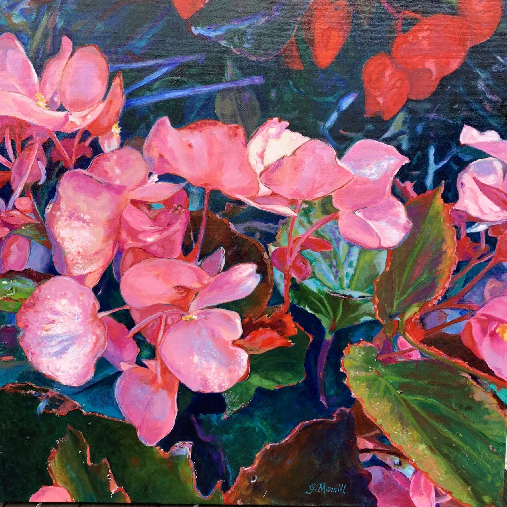Scarlet Begonias, oil painting by Gayle Merrill