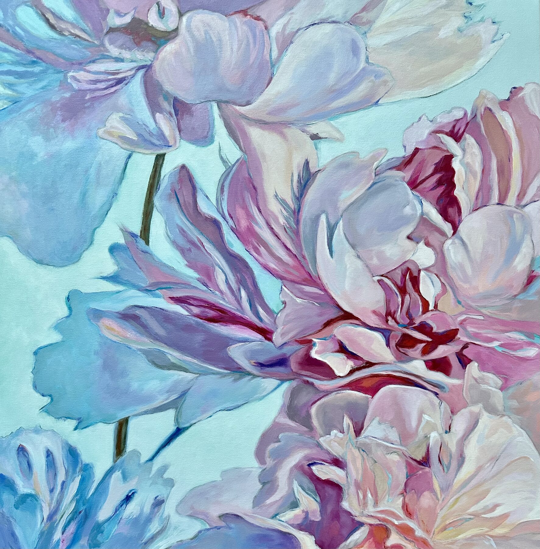 Peonies Blue then Pink, oil painting by Gayle Merrill