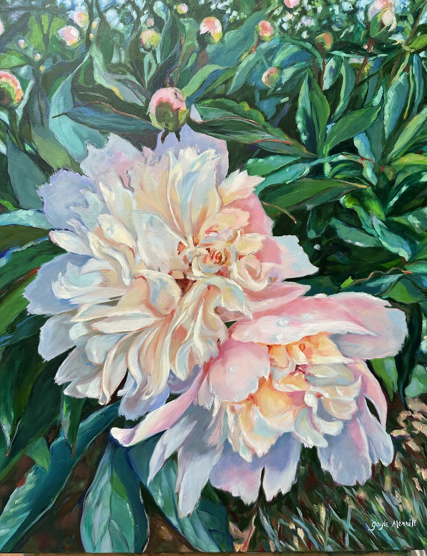 Peonies Nestled In, oil painting by Gayle Merrill