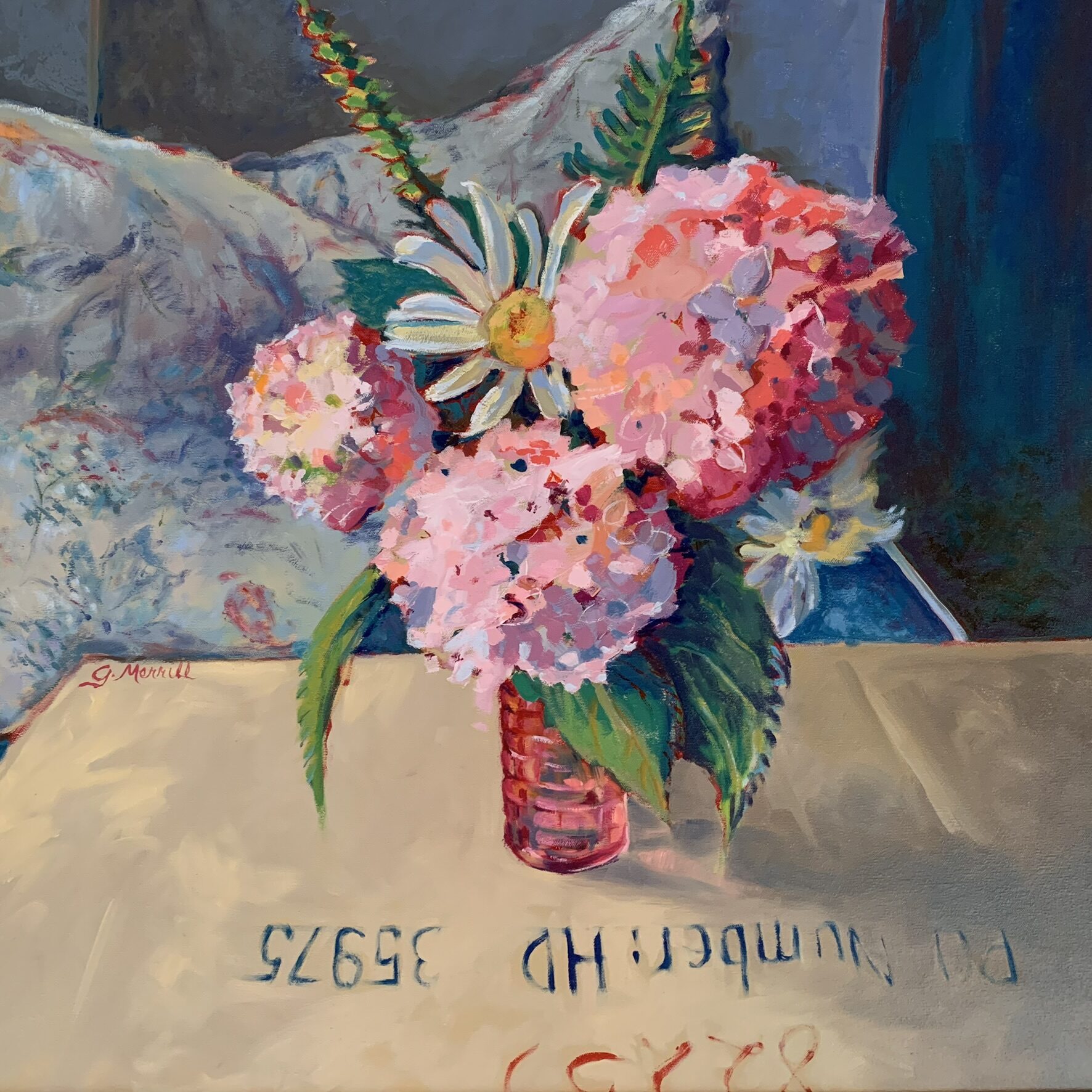 Hydrangeas on Cardboard, oil painting by Gayle Merrill