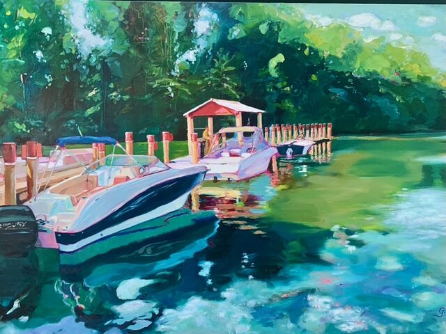 Fuel Dock at Wallers, oil painting by Gayle Merrill