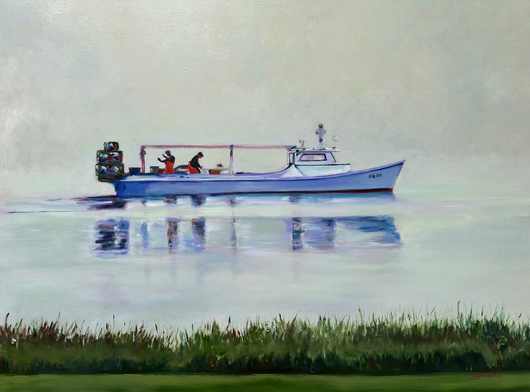 Foggy Crabbing, oil painting by Gayle Merrill