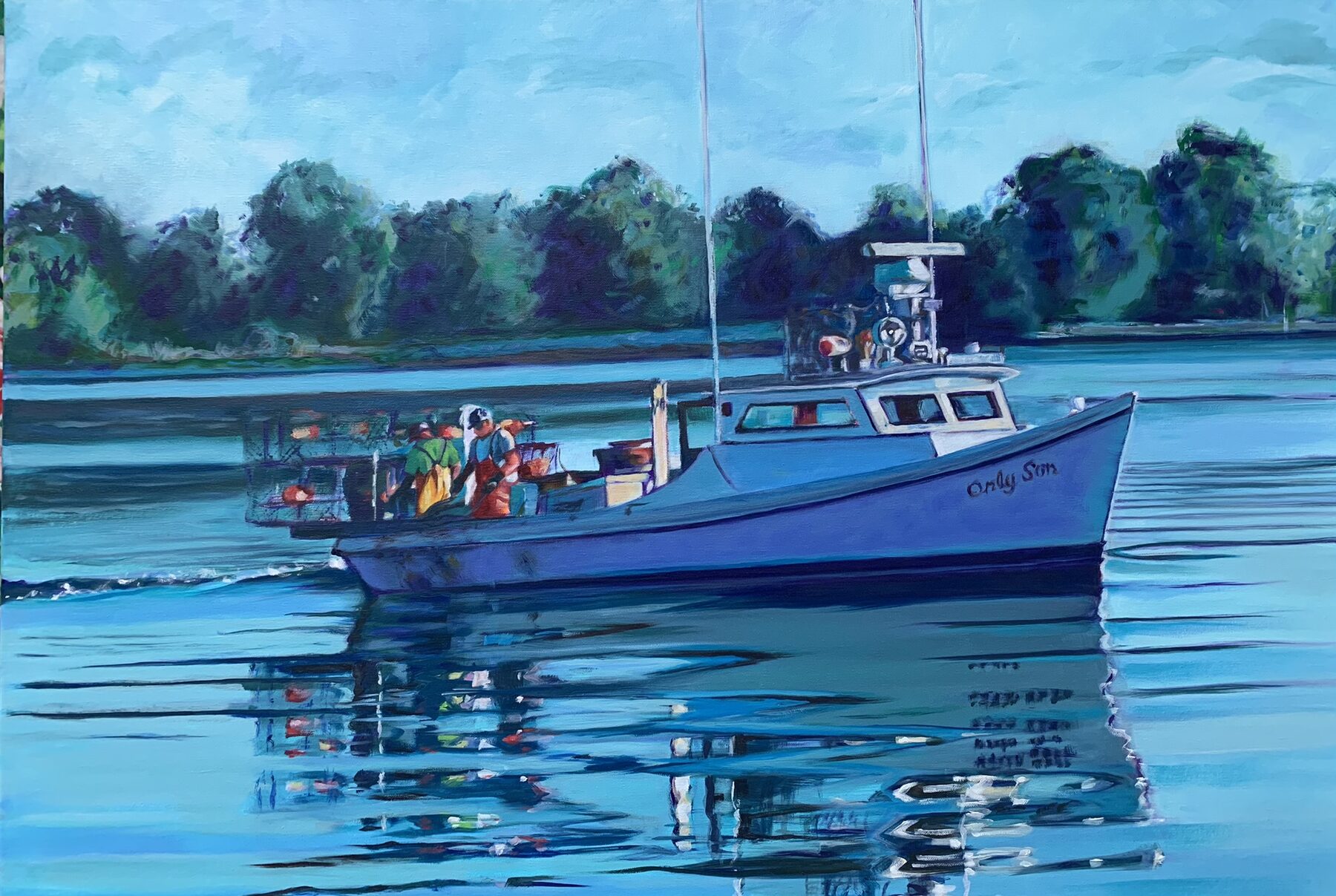Crabbing on 'Only Son', oil painting by Gayle Merrill